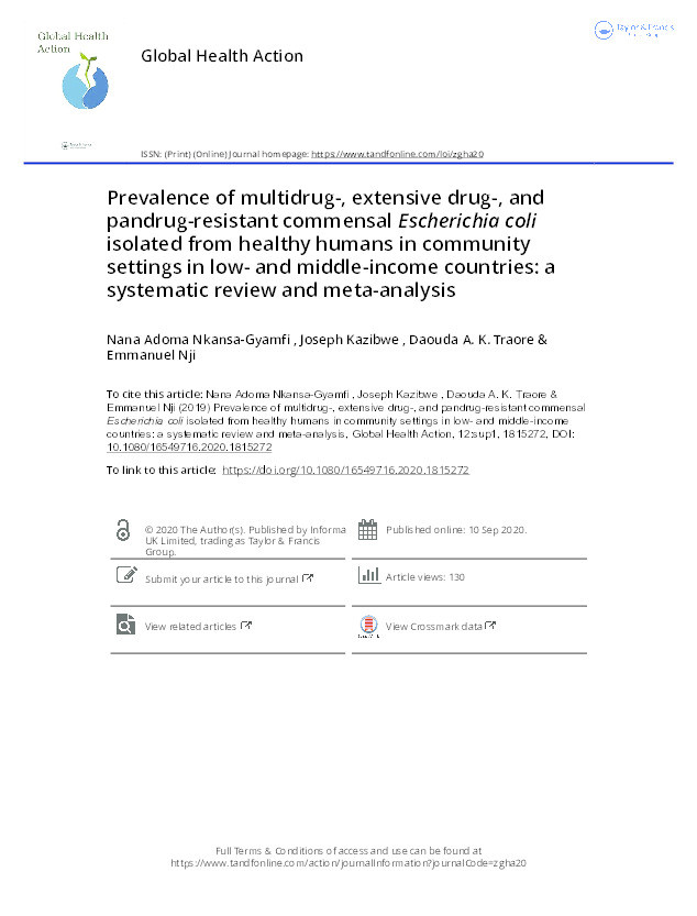 Prevalence of multidrug-, extensive drug-, and pandrug-resistant commensal Escherichia coli isolated from healthy humans in community settings in low- and middle-income countries: a systematic review and meta-analysis. Thumbnail