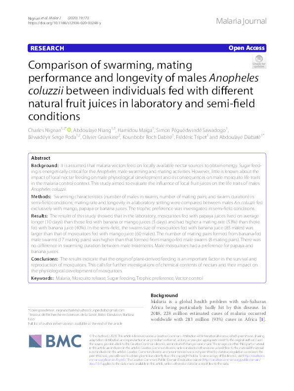 Comparison of swarming, mating performance and longevity of males Anopheles coluzzii between individuals fed with different natural fruit juices in laboratory and semi-field conditions. Thumbnail