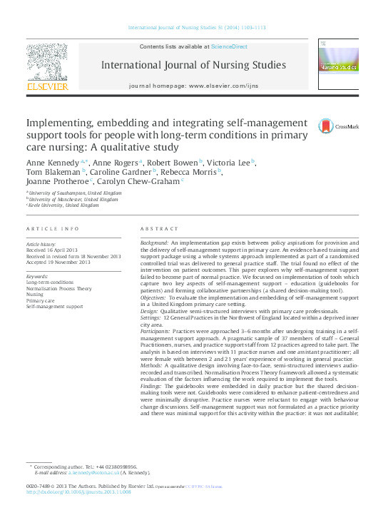 Implementing, embedding and integrating self-management support tools for people with long-term conditions in primary care nursing: a qualitative study Thumbnail