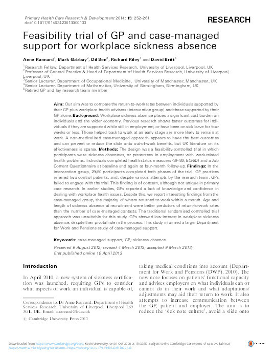 Feasibility trial of GP and case-managed support for workplace sickness absence. Thumbnail