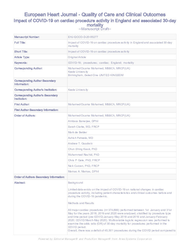 Impact of COVID-19 on cardiac procedure activity in England and associated 30-day mortality Thumbnail