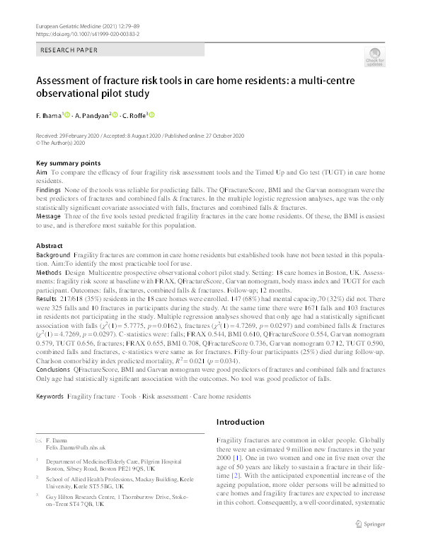 Assessment of fracture risk tools in care home residents: a multi-centre observational pilot study Thumbnail