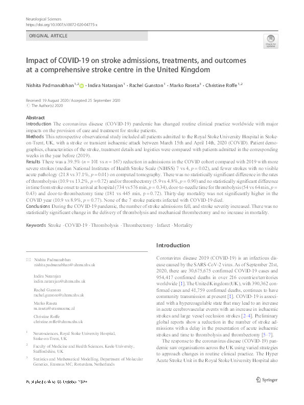 Impact of COVID-19 on stroke admissions, treatments, and outcomes at a comprehensive stroke centre in the United Kingdom Thumbnail