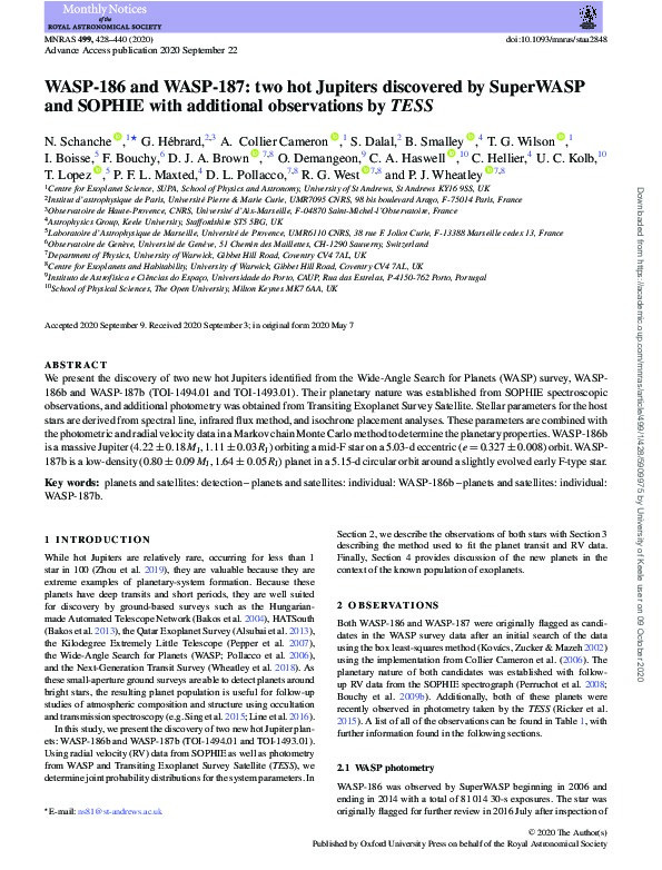 WASP-186 and WASP-187: two hot Jupiters discovered by SuperWASP and SOPHIE with additional observations by TESS Thumbnail