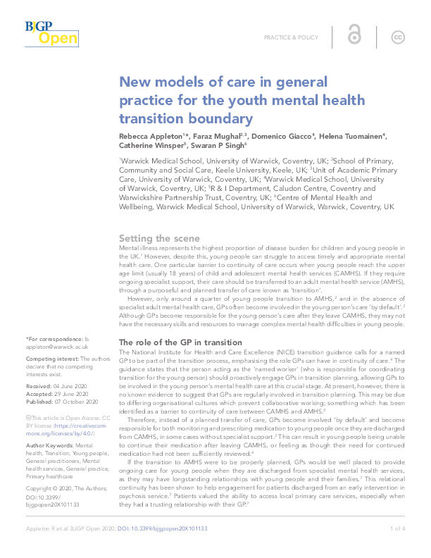 New models of care in general practice for the youth mental health transition boundary Thumbnail