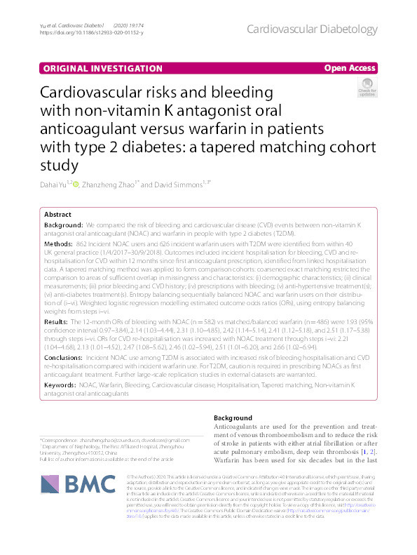 Cardiovascular risks and bleeding with non-vitamin K antagonist oral anticoagulant versus warfarin in patients with type 2 diabetes: a tapered matching cohort study Thumbnail