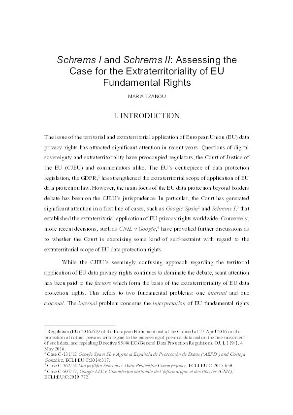 Schrems I and Schrems II: Assessing the Case for the Extraterritoriality of EU Fundamental Rights Thumbnail