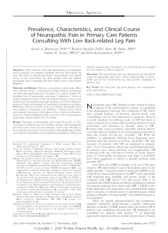 Prevalence, Characteristics and Clinical Course of Neuropathic Pain in Primary Care Patients Consulting with Low Back-related Leg Pain. Thumbnail