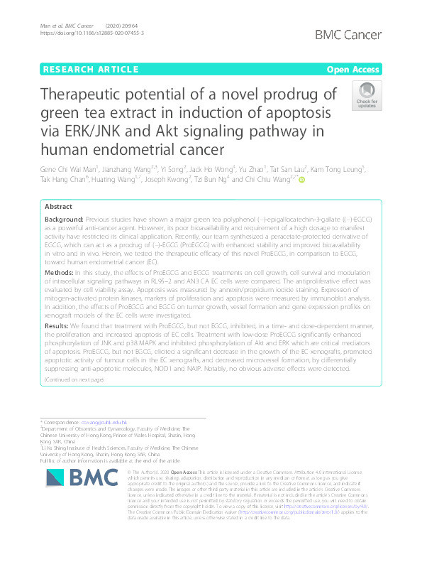 Therapeutic potential of a novel prodrug of green tea extract in induction of apoptosis via ERK/JNK and Akt signaling pathway in human endometrial cancer Thumbnail