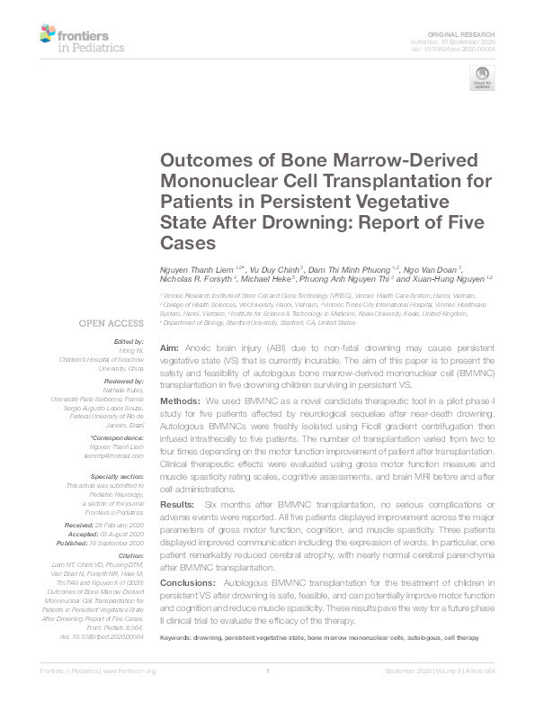 Outcomes of Bone Marrow-Derived Mononuclear Cell Transplantation for Patients in Persistent Vegetative State After Drowning: Report of Five Cases Thumbnail