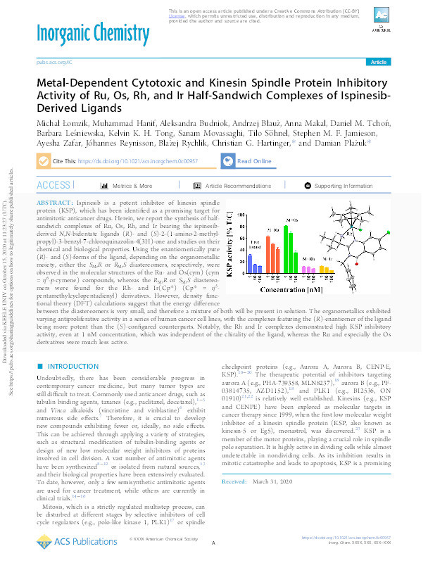 Metal-Dependent Cytotoxic and Kinesin Spindle Protein Inhibitory Activity of Ru, Os, Rh, and Ir Half-Sandwich Complexes of Ispinesib-Derived Ligands Thumbnail