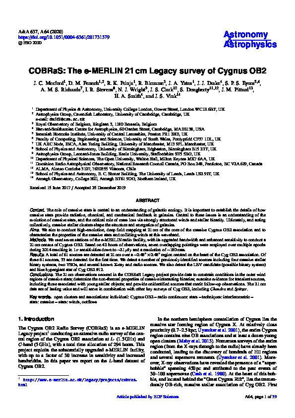 COBRaS: The e-MERLIN 21 cm Legacy survey of Cygnus OB2 Thumbnail