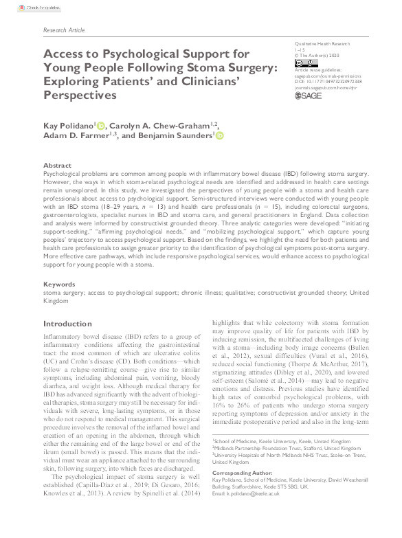 Access to psychological support for young people following stoma surgery: Exploring patients’ and clinicians’ perspectives Thumbnail