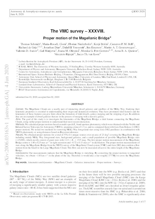 The VMC survey XXXVIII. Proper motion of the Magellanic Bridge Thumbnail
