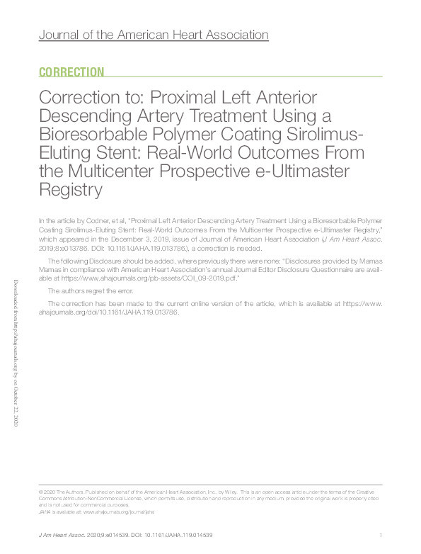 Proximal Left Anterior Descending Artery Treatment Using a Bioresorbable Polymer Coating Sirolimus-Eluting Stent: Real-World Outcomes From the Multicenter Prospective e-Ultimaster Registry (vol 8, e013786, 2019) Thumbnail
