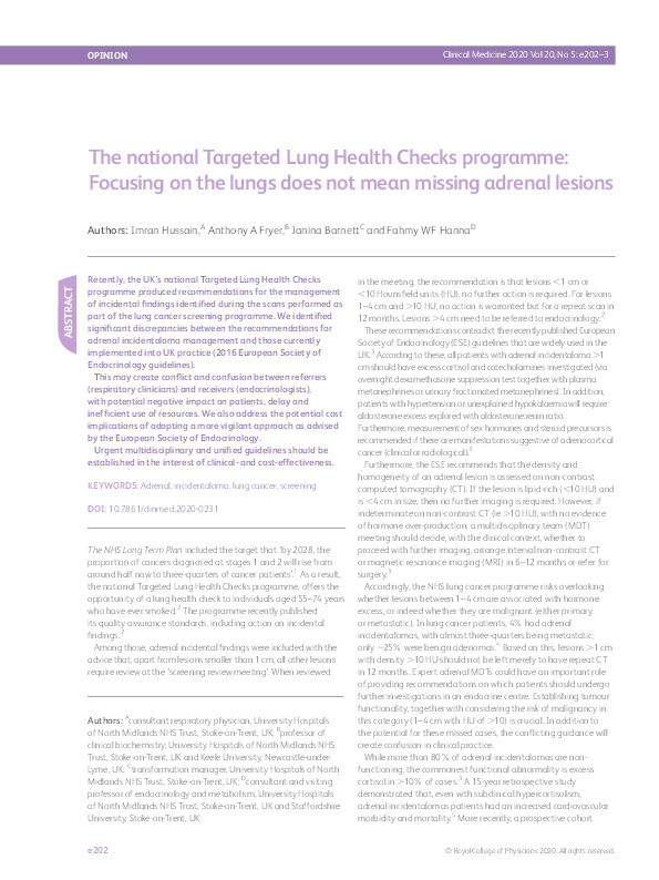 The national Targeted Lung Health Checks programme: Focusing on the lungs does not mean missing adrenal lesions. Thumbnail