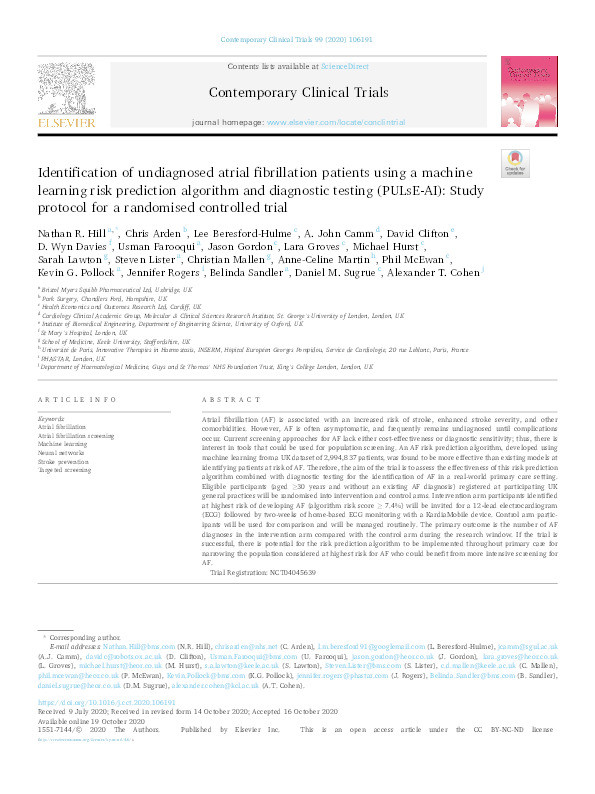 Identification of undiagnosed atrial fibrillation patients using a machine learning risk prediction algorithm and diagnostic testing (PULsE-AI): Study protocol for a randomised controlled trial Thumbnail
