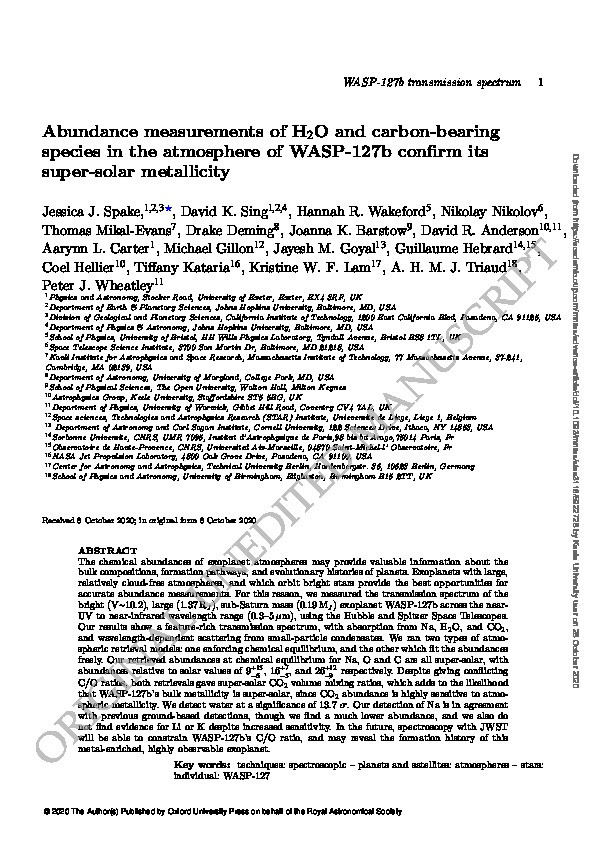 Abundance measurements of H2O and carbon-bearing species in the atmosphere of WASP-127b confirm its super-solar metallicity Thumbnail