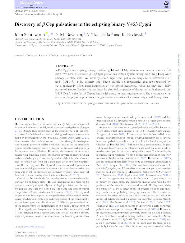Discovery of ß Cep pulsations in the eclipsing binary V453 Cygni Thumbnail