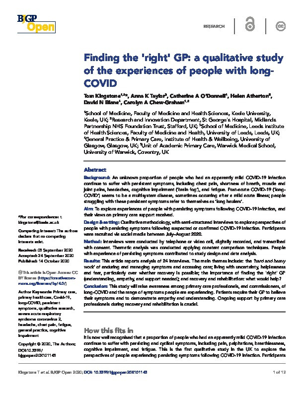 Finding the 'right' GP: a qualitative study of the experiences of people with long-COVID Thumbnail