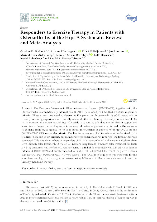 Responders to Exercise Therapy in Patients with Osteoarthritis of the Hip: A Systematic Review and Meta-Analysis. Thumbnail