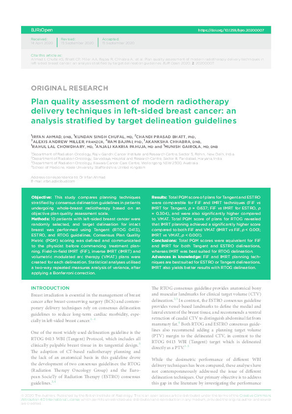 Plan quality assessment of modern radiotherapy delivery techniques in left-sided breast cancer: an analysis stratified by target delineation guidelines Thumbnail