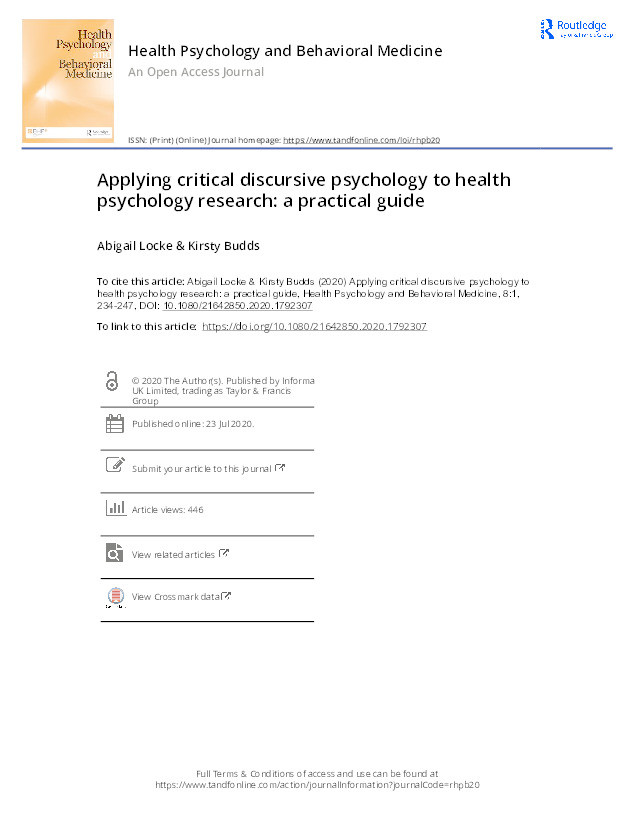 Applying critical discursive psychology to health psychology research: a practical guide Thumbnail