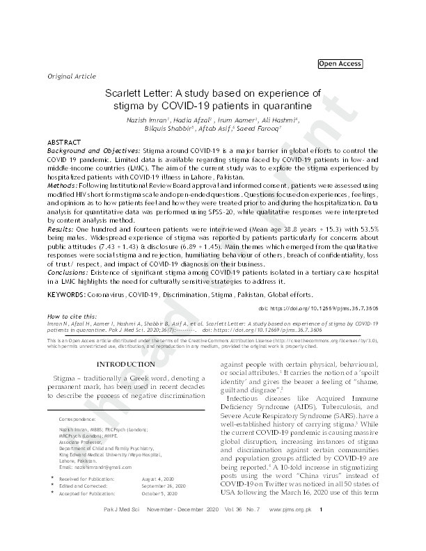 Scarlett Letter: A study based on experience of stigma by COVID-19 patients in quarantine Thumbnail