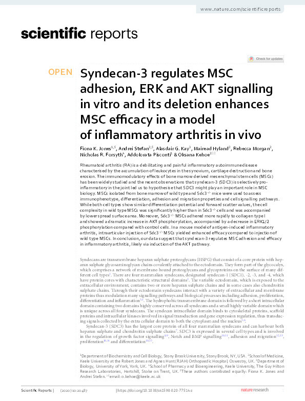 Syndecan-3 regulates MSC adhesion, ERK and AKT signalling in vitro and its deletion enhances MSC efficacy in a model of inflammatory arthritis in vivo Thumbnail