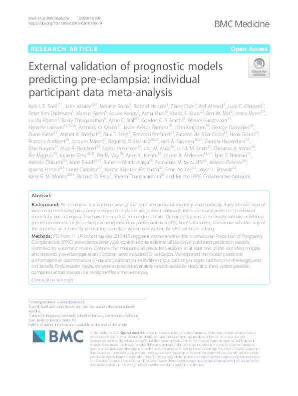 External validation of prognostic models predicting pre-eclampsia: individual participant data meta-analysis Thumbnail