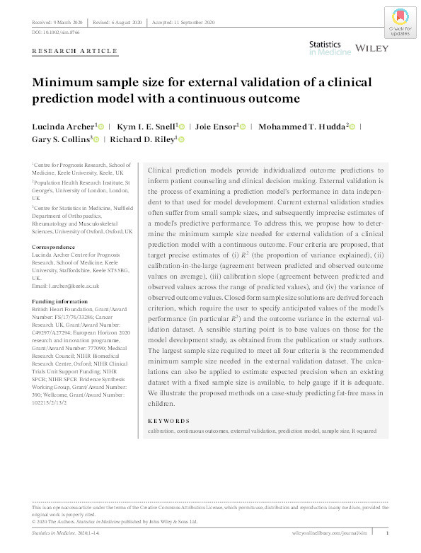 Minimum sample size for external validation of a clinical prediction model with a continuous outcome. Thumbnail