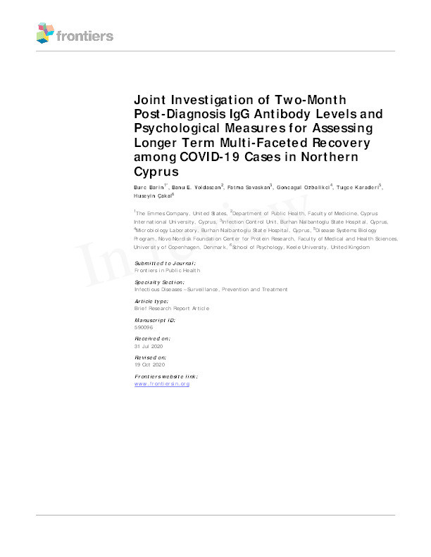 Joint Investigation of Two-Month Post-Diagnosis IgG Antibody Levels and Psychological Measures for Assessing Longer Term Multi-Faceted Recovery among COVID-19 Cases in Northern Cyprus Thumbnail