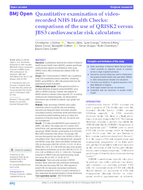 Quantitative examination of video-recorded NHS Health Checks: comparison of the use of QRISK2 versus JBS3 cardiovascular risk calculators Thumbnail