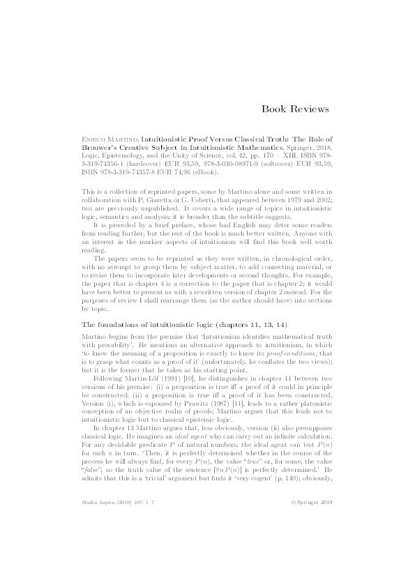 Book Review: Intuitionistic Proof Versus Classical Truth: The Role of Brouwer's Creative Subject in Intuitionistic Mathematics Thumbnail