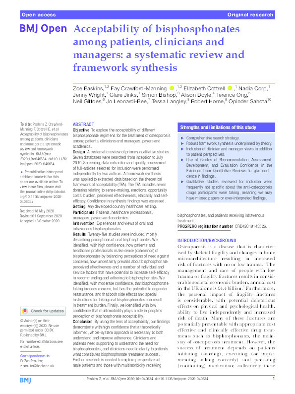 Acceptability of bisphosphonates among patients, clinicians and managers: a systematic review and framework synthesis Thumbnail