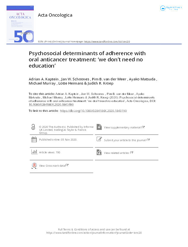 Psychosocial determinants of adherence with oral anticancer treatment: 'we don't need no education' Thumbnail