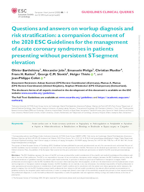 Questions and answers on workup diagnosis and risk stratification: a companion document of the 2020 ESC Guidelines for the management of acute coronary syndromes in patients presenting without persistent ST-segment elevation Thumbnail