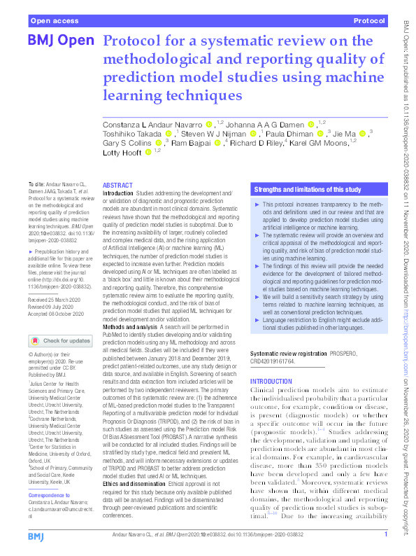 Protocol for a systematic review on the methodological and reporting quality of prediction model studies using machine learning techniques Thumbnail