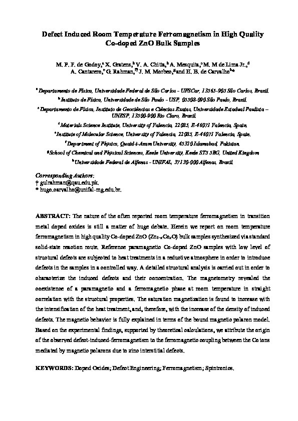 Defect induced room temperature ferromagnetism in high quality Co-doped ZnO bulk samples Thumbnail