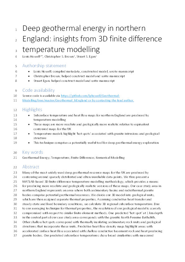 Deep geothermal energy in northern England: Insights from 3D finite difference temperature modelling Thumbnail