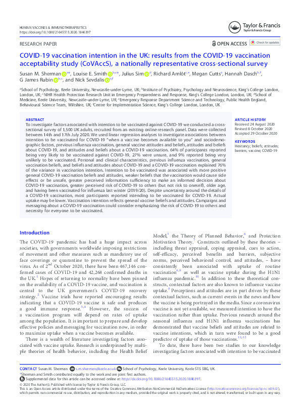 COVID-19 vaccination intention in the UK: results from the COVID-19 vaccination acceptability study (CoVAccS), a nationally representative cross-sectional survey. Thumbnail