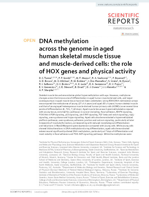 DNA methylation across the genome in aged human skeletal muscle tissue and muscle-derived cells: the role of HOX genes and physical activity. Thumbnail