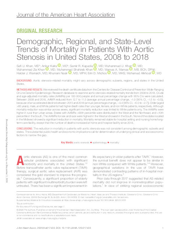 Demographic, Regional, and State-Level Trends of Mortality in Patients With Aortic Stenosis in United States, 2008 to 2018. Thumbnail