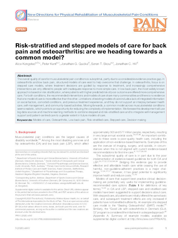 Risk-stratified and stepped models of care for back pain and osteoarthritis: are we heading towards a common model? Thumbnail