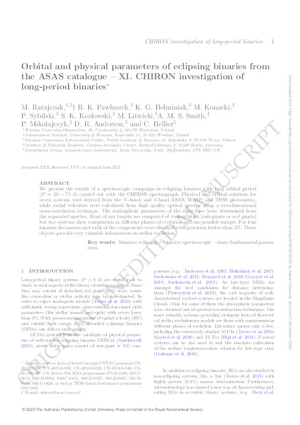Orbital and physical parameters of eclipsing binaries from the ASAS catalogue – XI. CHIRON investigation of long-period binaries* Thumbnail