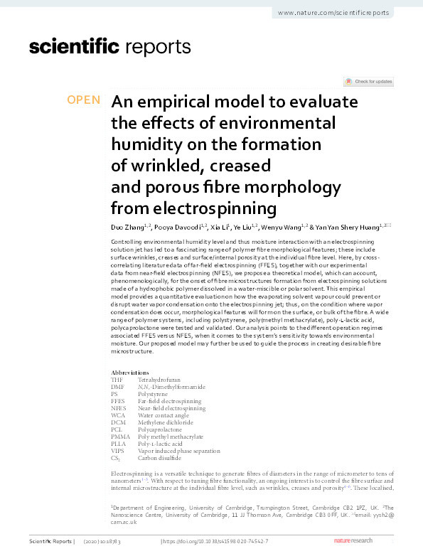 An empirical model to evaluate the effects of environmental humidity on the formation of wrinkled, creased and porous fibre morphology from electrospinning. Thumbnail