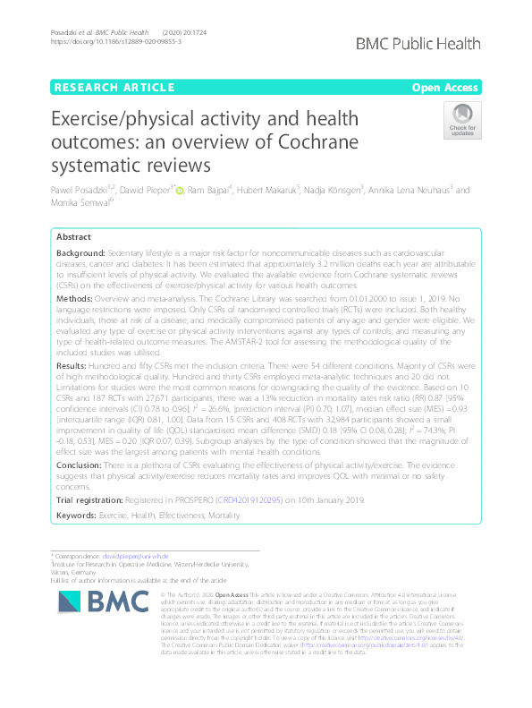 Exercise/physical activity and health outcomes: an overview of Cochrane systematic reviews Thumbnail
