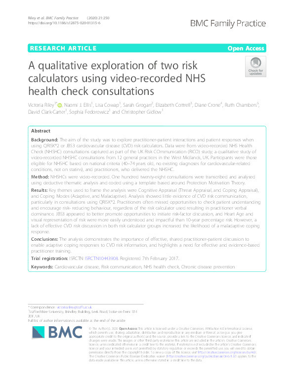 A qualitative exploration of two risk calculators using video-recorded NHS health check consultations Thumbnail