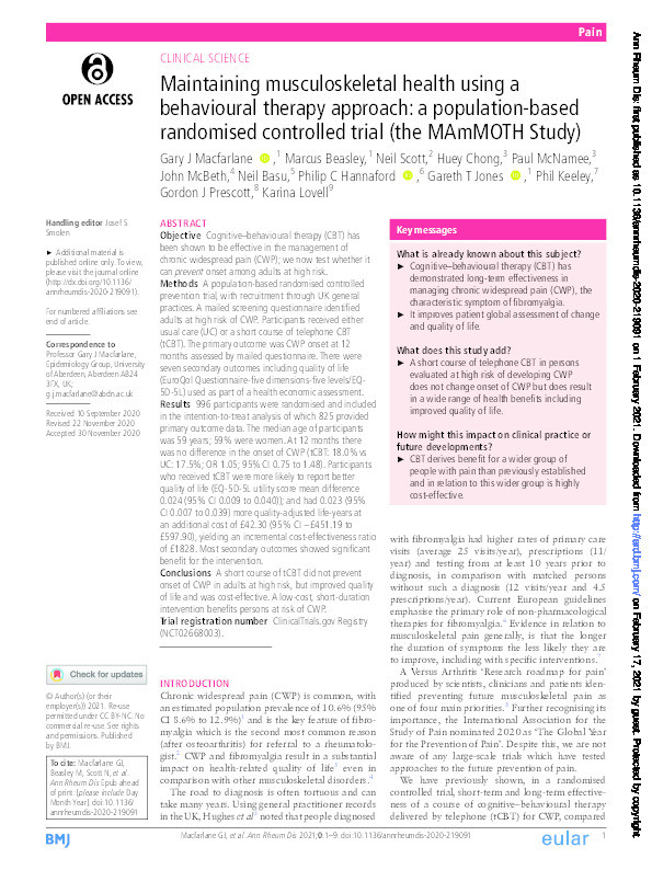 Maintaining musculoskeletal health using a behavioural therapy approach: a population based randomised controlled trial (The MAmMOTH study) Thumbnail
