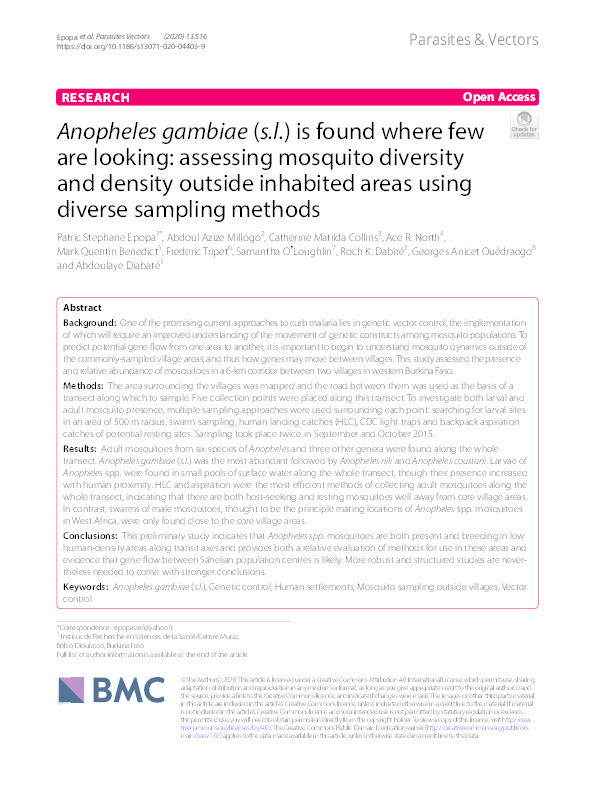 Anopheles gambiae (s.l.) is found where few are looking: assessing mosquito diversity and density outside inhabited areas using diverse sampling methods. Thumbnail